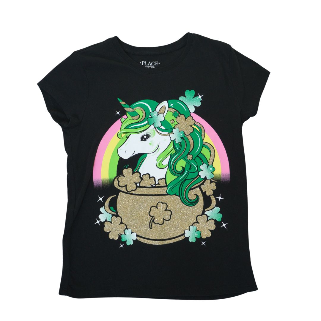 Kid's Black The Children's Place Green Unicorn T-Shirt, 7/8