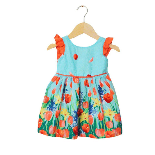 Blue Penelope Mack Floral Tulips Girl's  Dress with Bloomers, 12 m