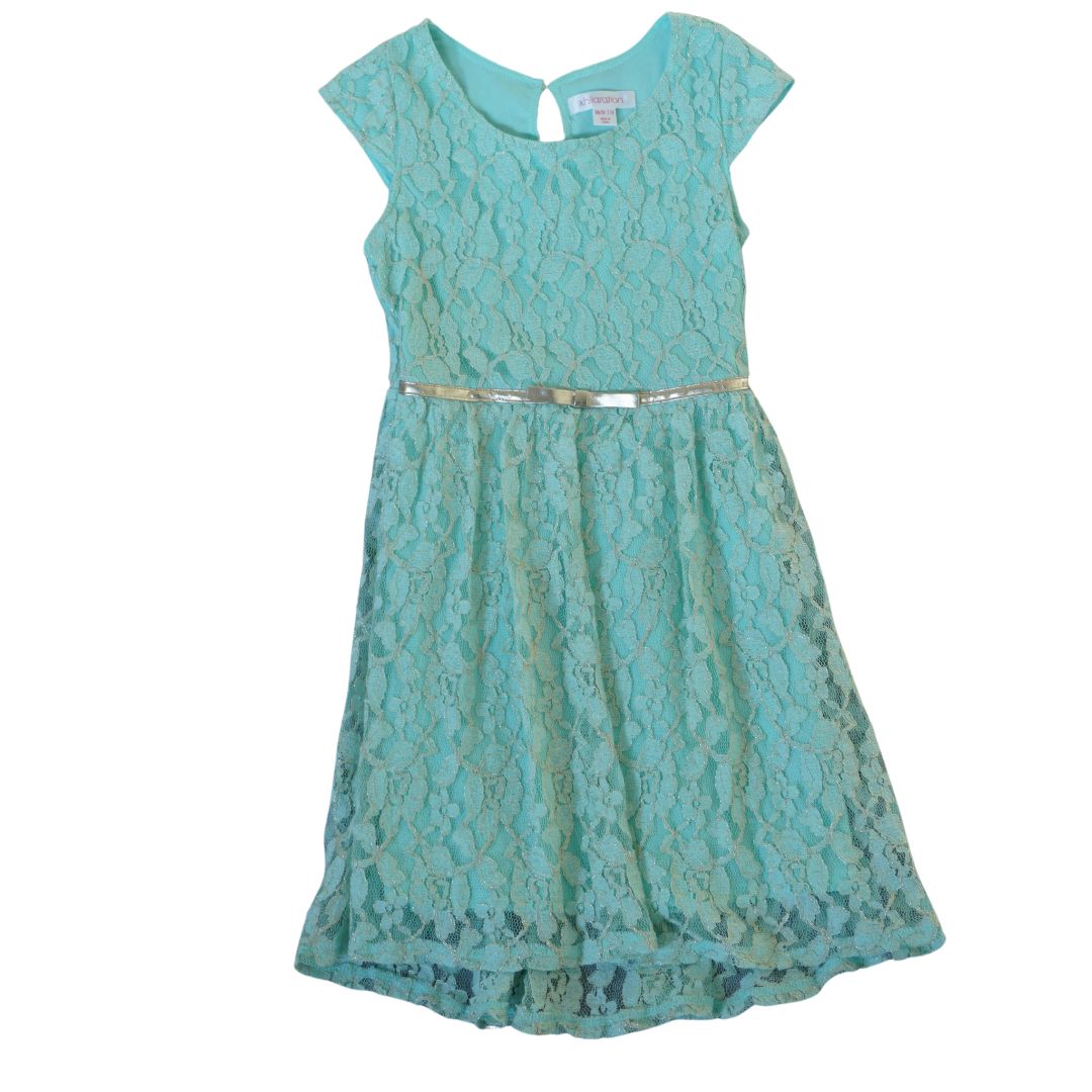 Kid's Green Lace Dress with Attached Gold Belt, 7/8