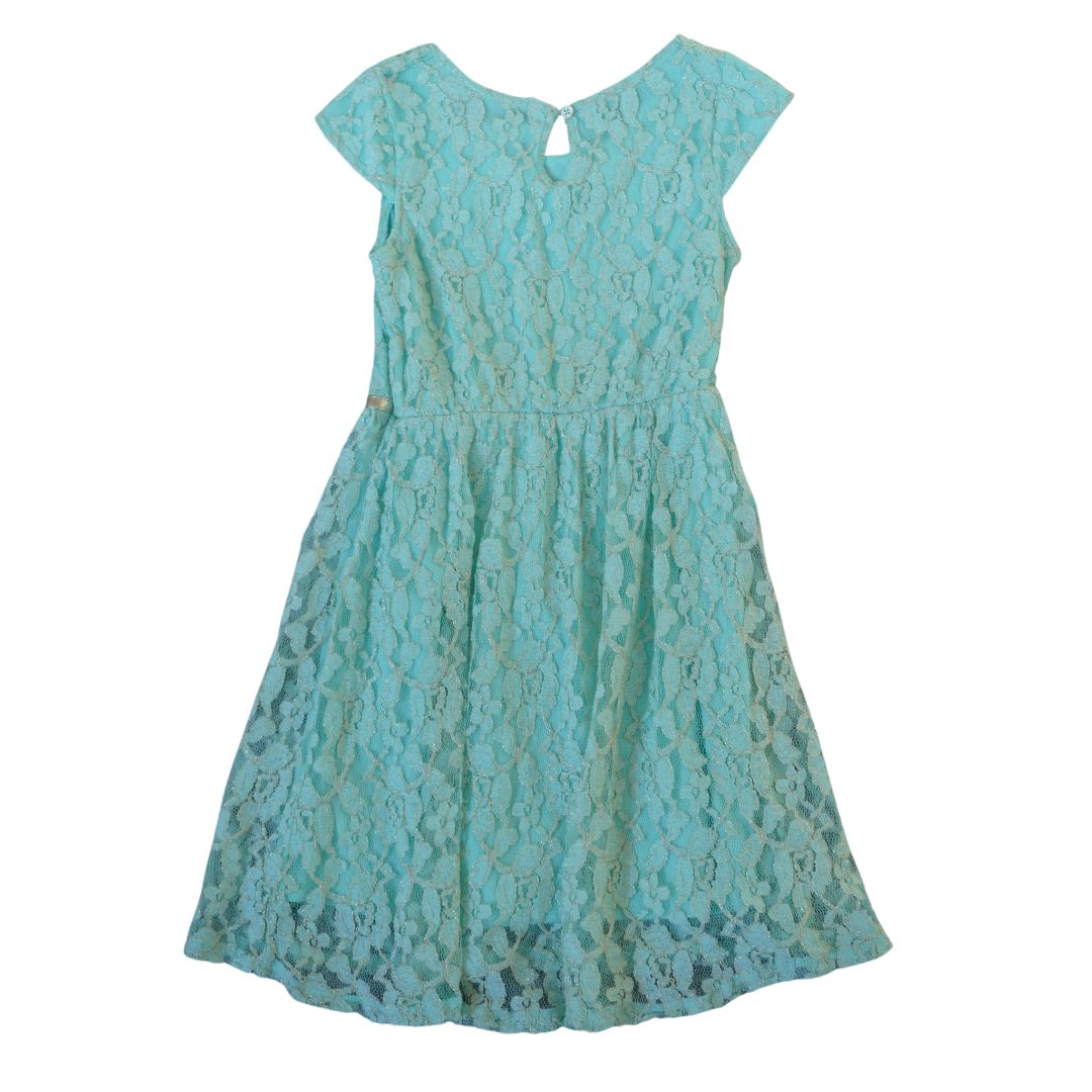 Kid's Green Lace Dress with Attached Gold Belt, 7/8