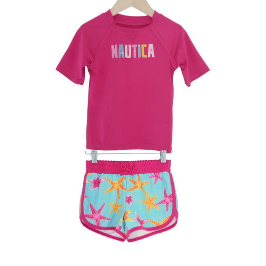 Nautica - Bañador con estampado de estrellas de mar en color rosa y rashguard, 5