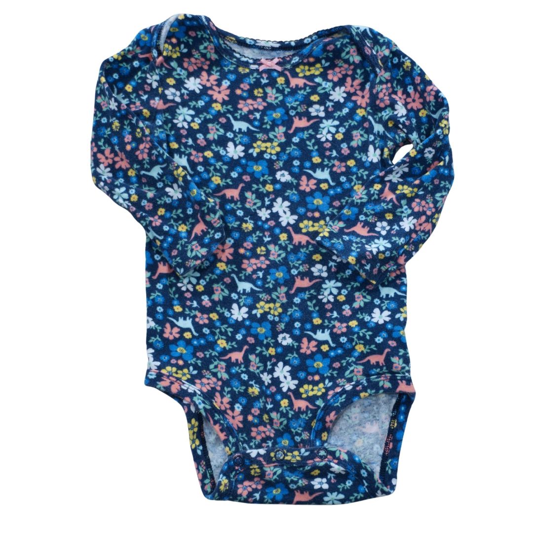 Blue Carter's Dinosaurs and Flowers Long Sleeve Bodysuit, 12 m