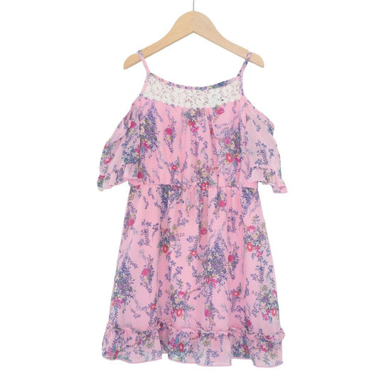 Pink Floral Girl's Shoulder Dress 7/8