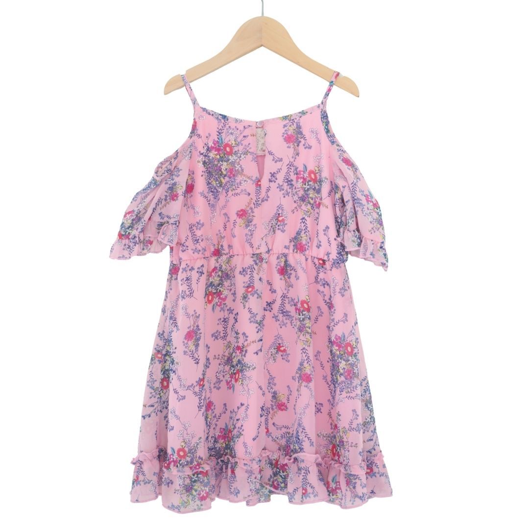 Pink Floral Girl's Shoulder Dress 7/8