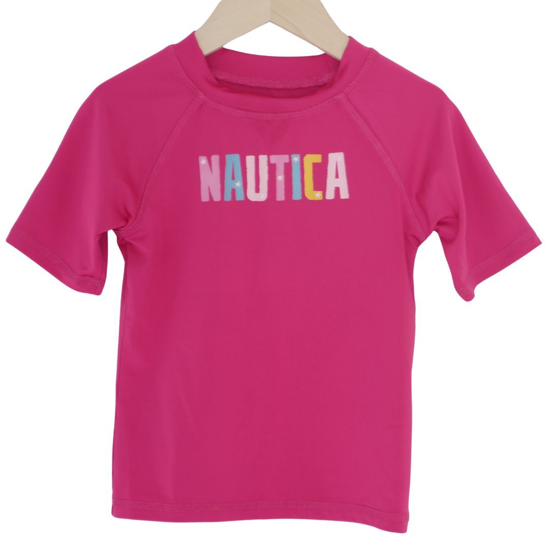 Nautica - Bañador con estampado de estrellas de mar en color rosa y rashguard, 5