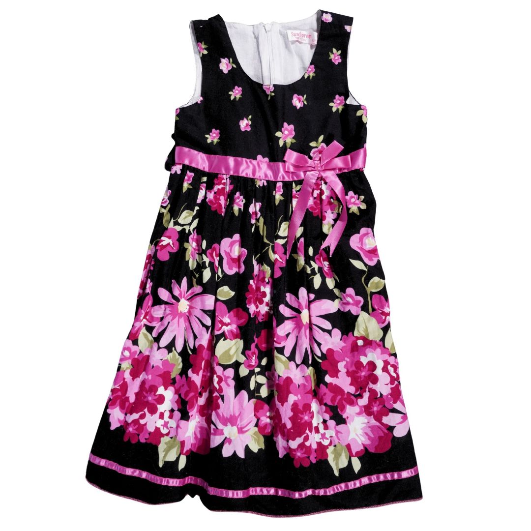 Vestido infantil con estampado floral en color negro y rosa, talla 6