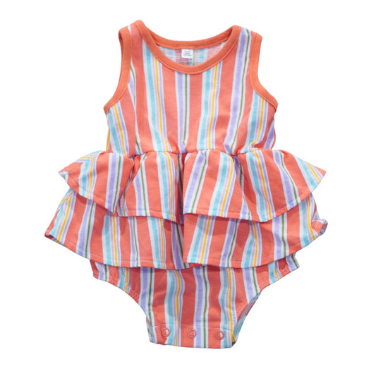 Baby Peach Okie Dokie Striped Tiered Ruffle Romper, 9 m