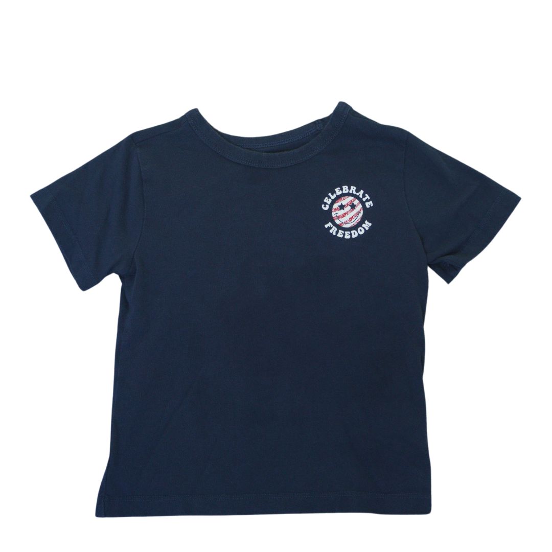 Camiseta azul para niños pequeños con cara sonriente que celebra el patriotismo y la libertad, 3T