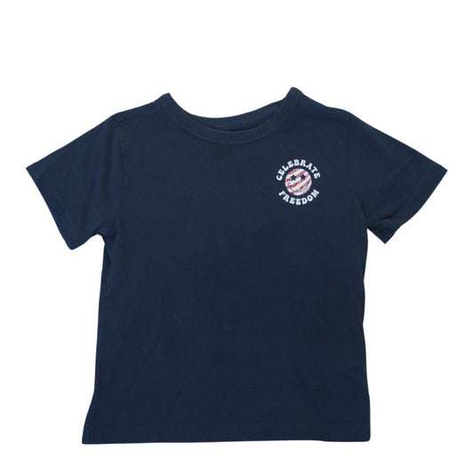 Camiseta azul para niños pequeños con cara sonriente que celebra el patriotismo y la libertad, 3T