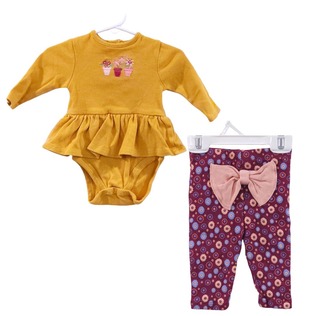 Little Me - Yellow and Red Flowers Corduroy Long Sleeve Bodysuit and Pants Set, 6 m