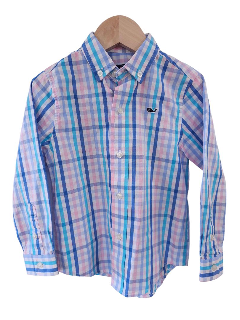 Vineyard Vines - Blue Gingham Whale Button-Down Shirt, 3T