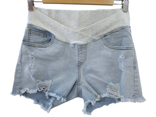 Blue Distressed Denim Maternity Shorts, Medium