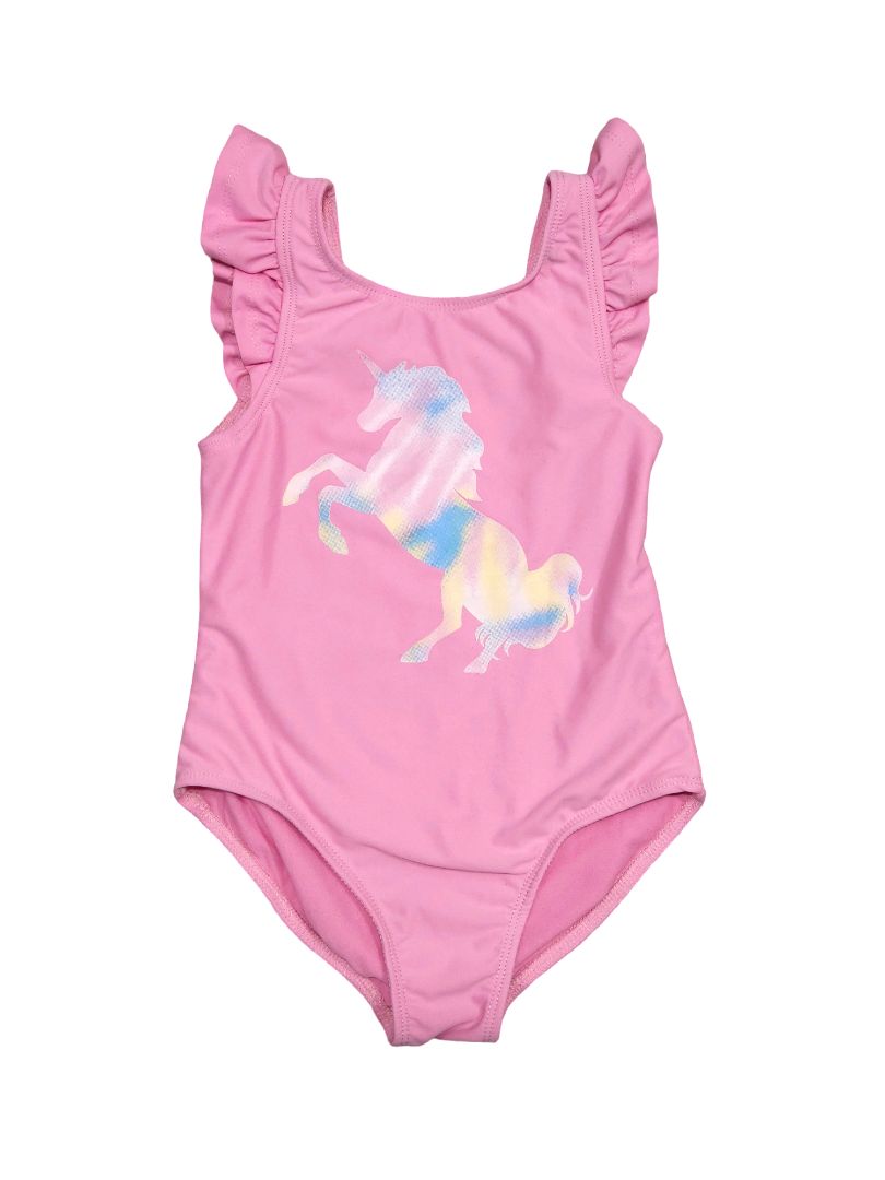 Traje de baño de una pieza con unicornio y mangas onduladas en color rosa de Young Hearts, 4T