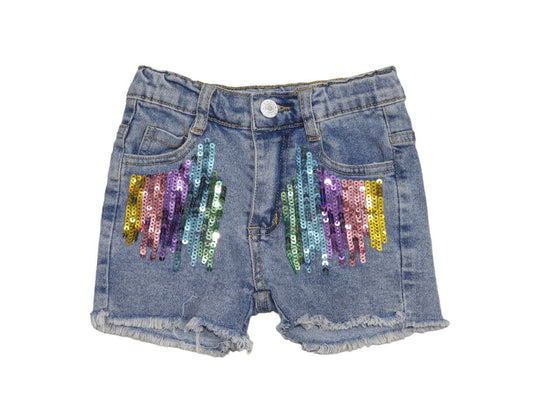 Girls Blue - Blue Sequin Denim Shorts, Medium