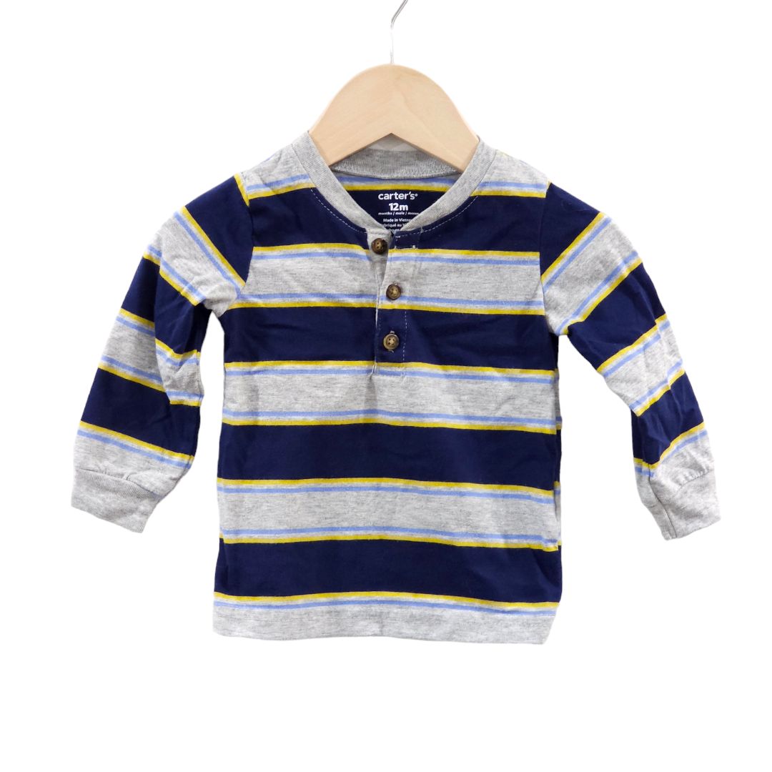 Carter's - Blue Long Sleeved Striped Henley Style T-Shirt, 12 m