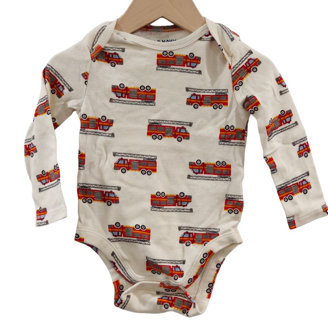 Old Navy - White and Red Firetrucks Long Sleeve Bodysuit, Boy, 12-18 m