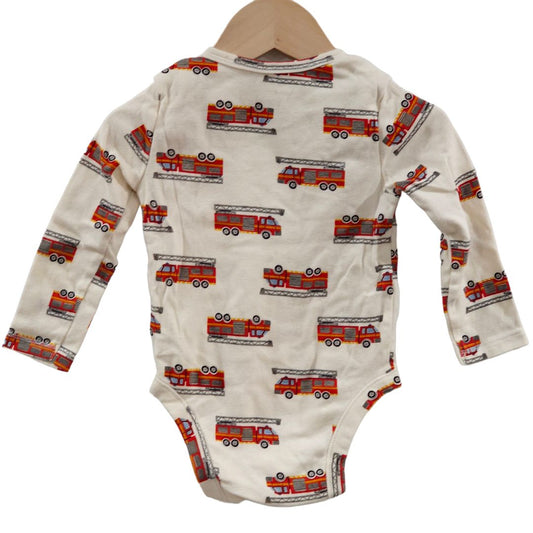 Old Navy - White and Red Firetrucks Long Sleeve Bodysuit, Boy, 12-18 m