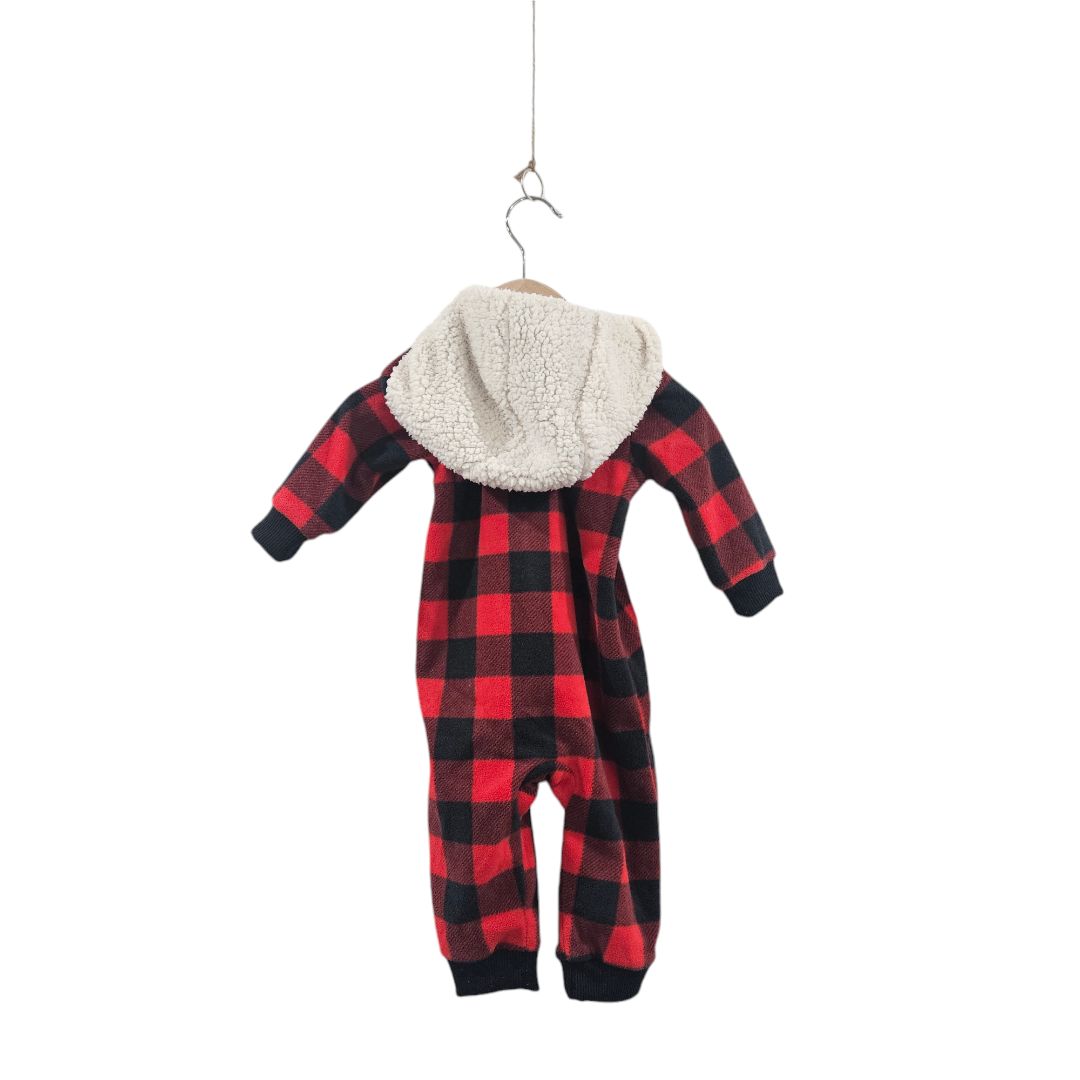 Carter's - Red and Black "Little Scout" Buffalo Check Fleece Hooded Jumpsuit, 6 m