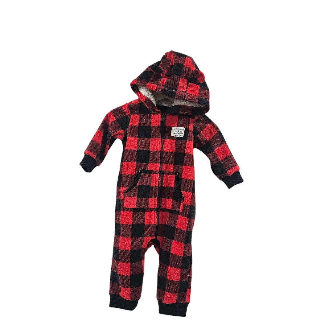 Carter's - Red and Black "Little Scout" Buffalo Check Fleece Hooded Jumpsuit, 6 m