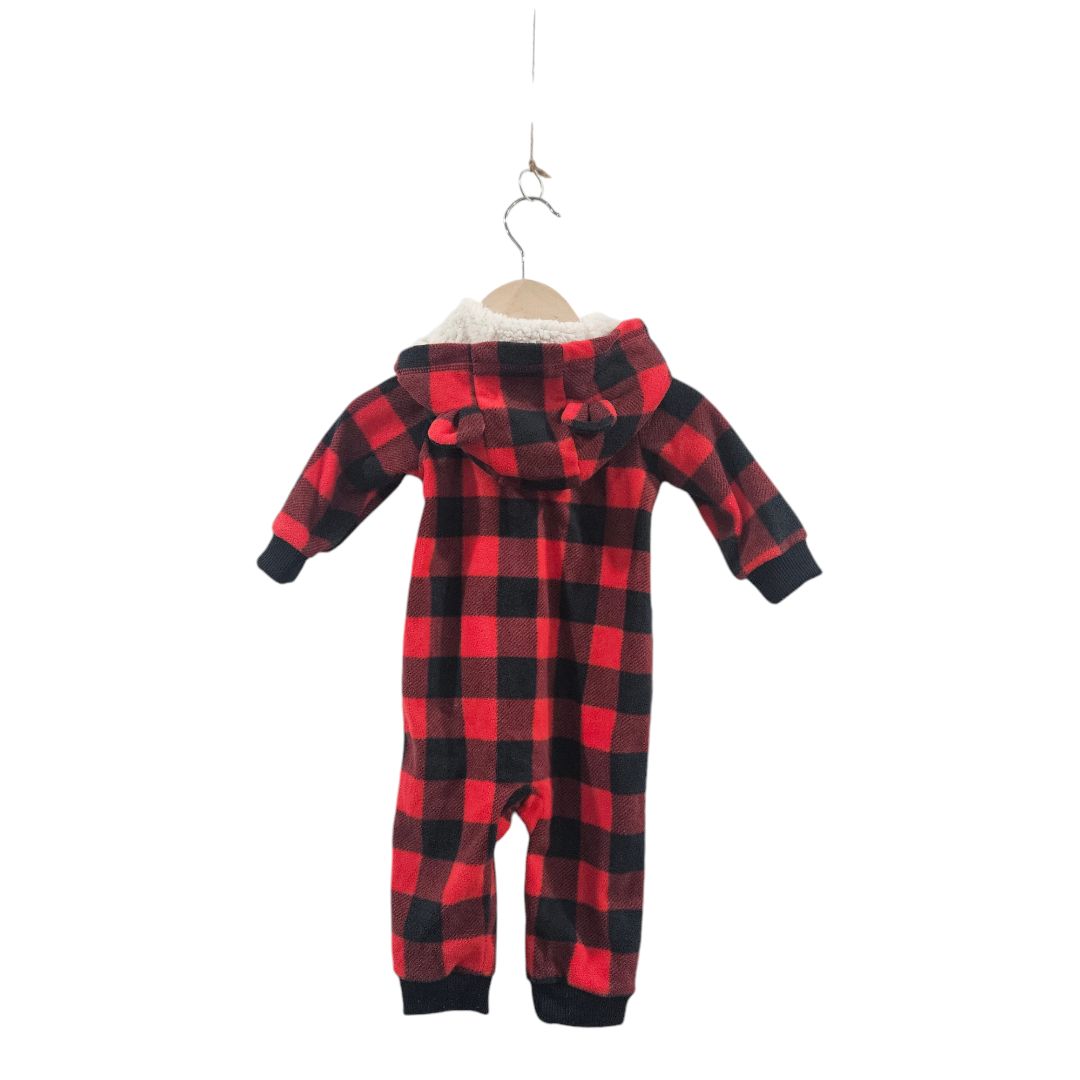 Carter's - Red and Black "Little Scout" Buffalo Check Fleece Hooded Jumpsuit, 6 m