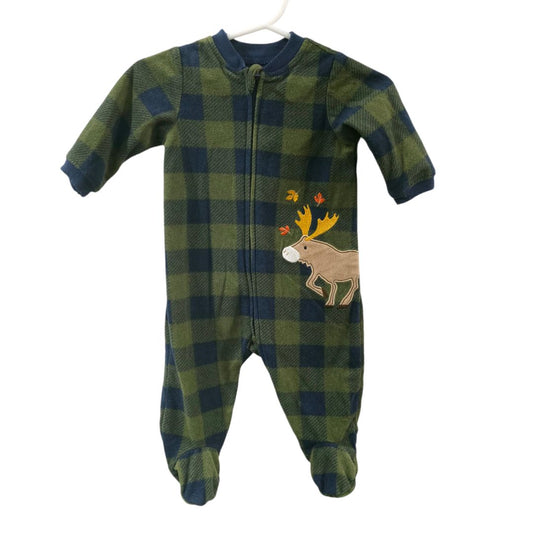 Little Me - Green Checkered Moose Footed Pajama, 3 m