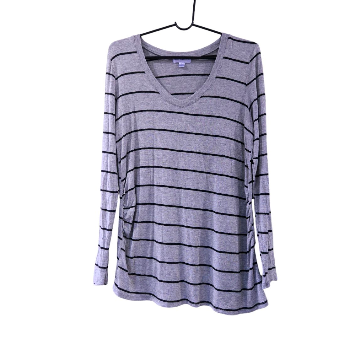 Juniper Ln Maternity - Camisa de maternidad de manga larga a rayas gris y negra, talla grande