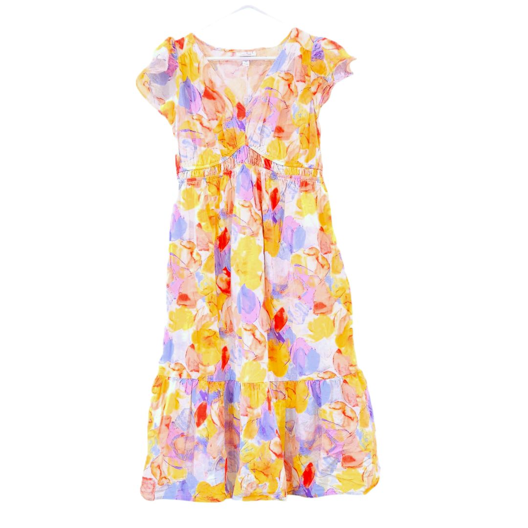 Isabel - Vestido de maternidad con mangas abullonadas y estampado floral amarillo, talla mediana