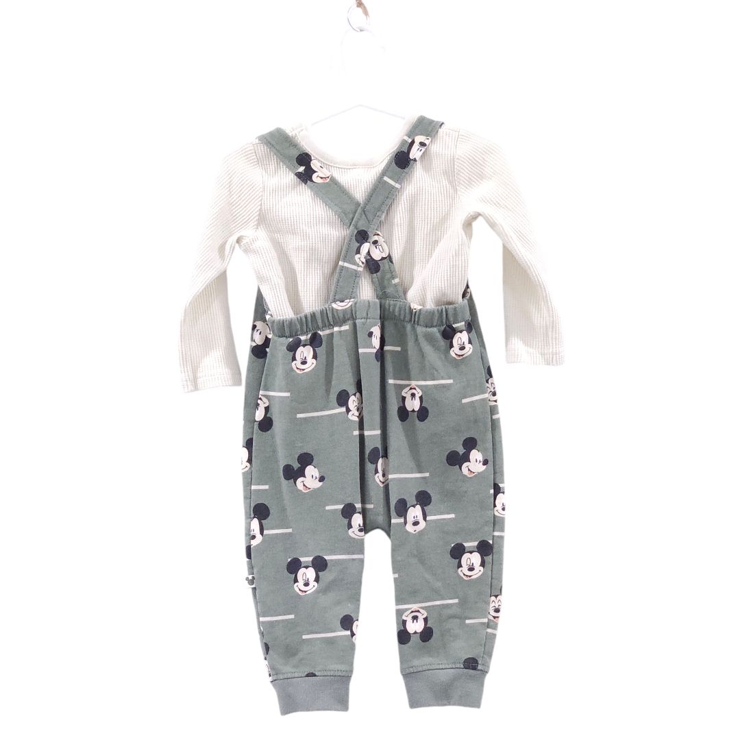 Disney Baby - Conjunto de mameluco de Mickey verde y camisa de manga larga de punto gofrado, 18 m