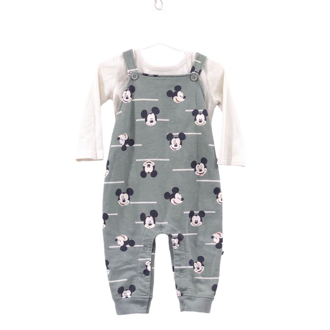 Disney Baby - Conjunto de mameluco de Mickey verde y camisa de manga larga de punto gofrado, 18 m