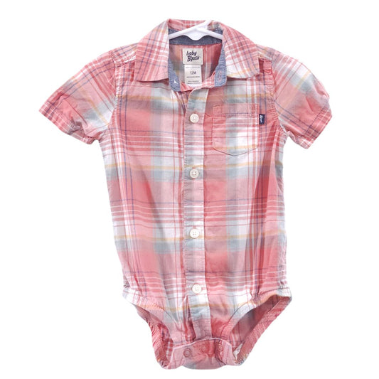 Baby B'gosh - Coral Plaid Bottom up Shirt Bodysuit, 12 m