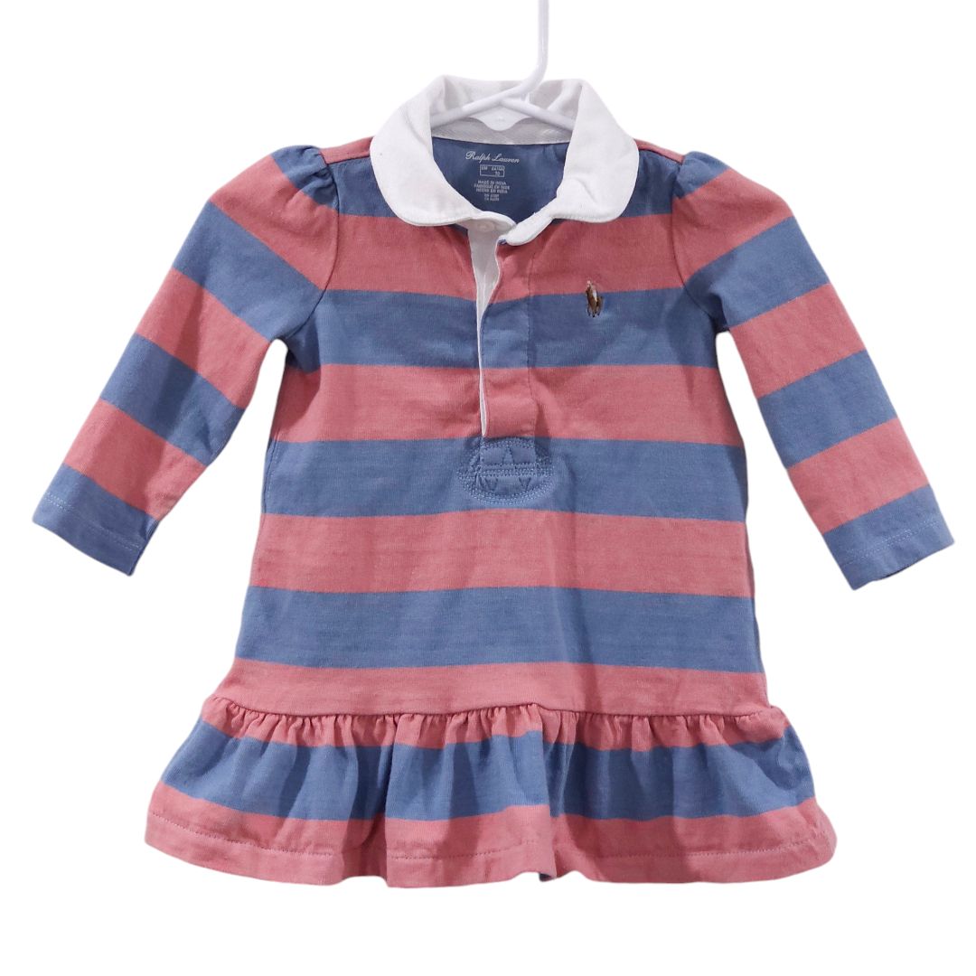 Ralph Lauren - Pink Stripes Long Sleeve Collar Dress and Bloomer Set, 6 m