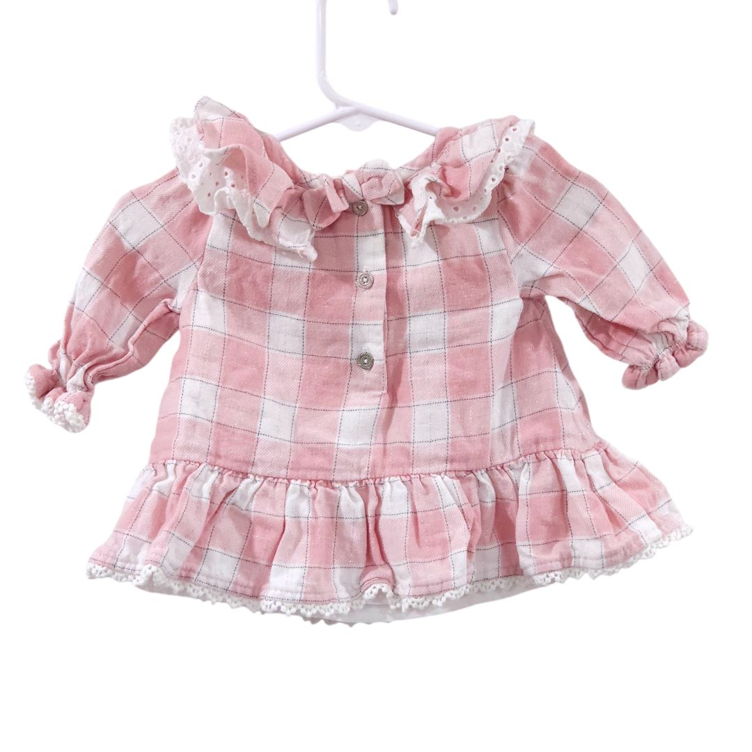 Conjunto de blusa y pantalón de manga larga con cuello a cuadros en tonos rosa Shabby Chic, 0-3 meses