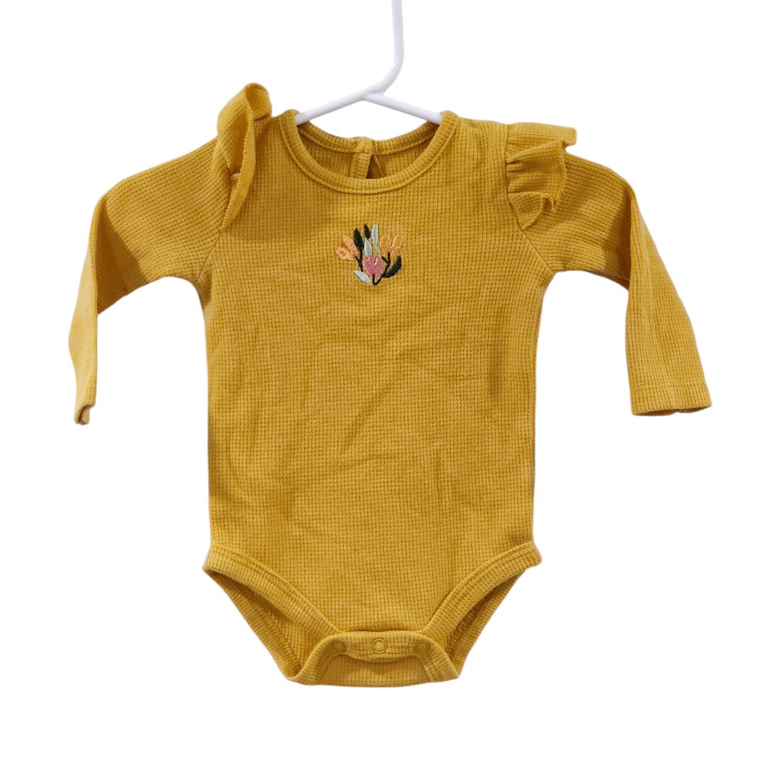 Baby Essentials - Yellow Waffle Knit Bodysuit and Floral Pants Set, 3 m