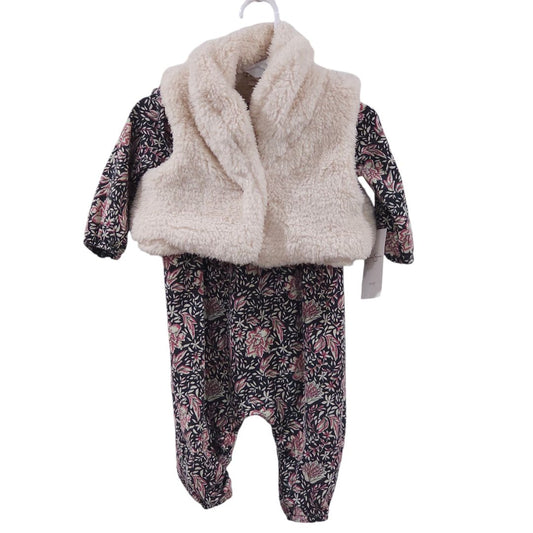 Jessica Simpson - Black Floral Jumpsuit and Faux Fur Vest Set, 6-9 m