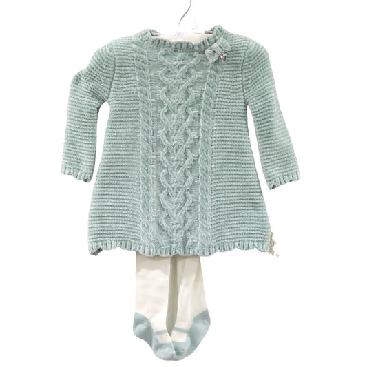 Rachel Zoe - Mint Green Girls Cable Knit Sweater Dress and Soft Stock Tights, 3-6 m