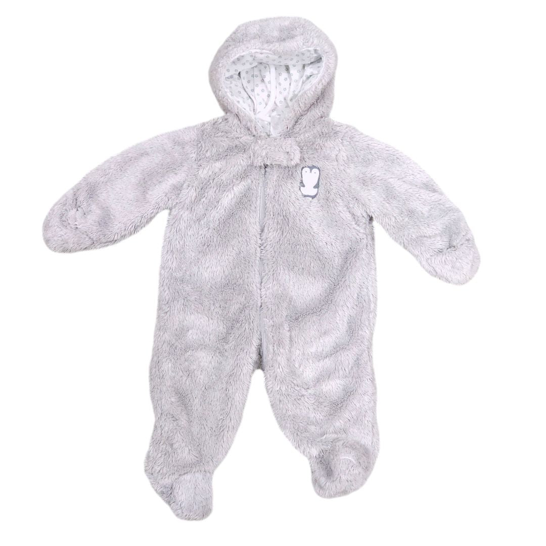 Just One You - Gray Penguin Fleece Zip-up Footed with Hoodie Jumpsuit, 3 m