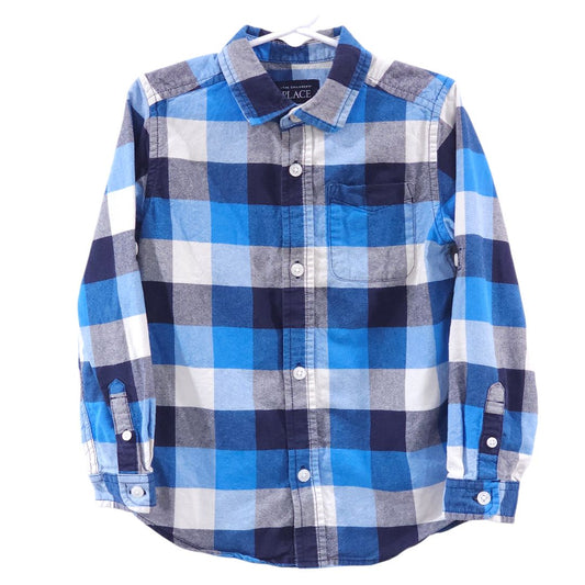 The Children's Place - Blue Plaid Button-down Long Sleeve 100% Cotton Shirt, 5T