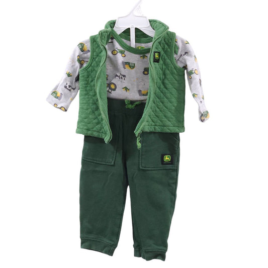 John Deere - Conjunto de 3 piezas de mono, chaleco y pantalón de manga larga de granja verde, 9-12 meses