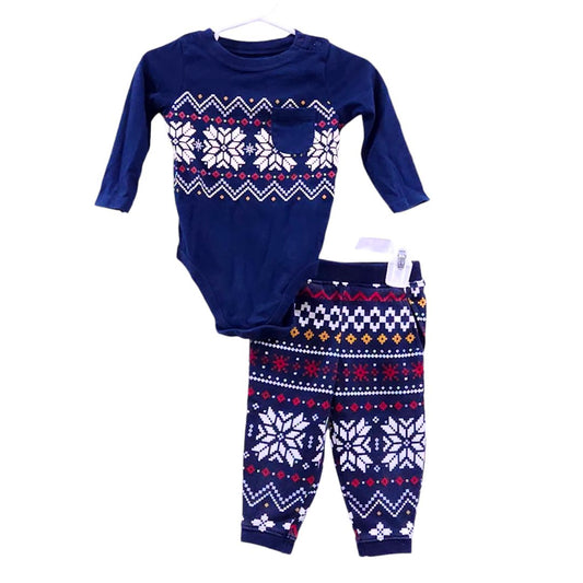 Garanimals - Blue Christmas Pattern Long Sleeve Bodysuit and Pants Set, 12 m