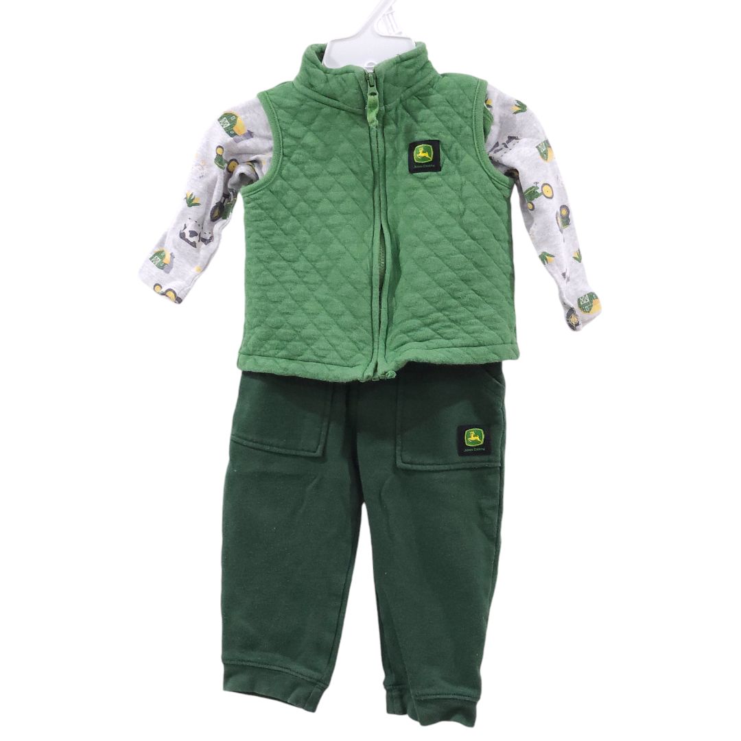 John Deere - Conjunto de 3 piezas de mono, chaleco y pantalón de manga larga de granja verde, 9-12 meses