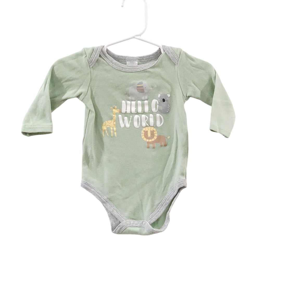 Baby Kiss - Green 3 Pack "Hello World" Safari Animals Cotton Long Sleeve Bodysuits, 6-9 m