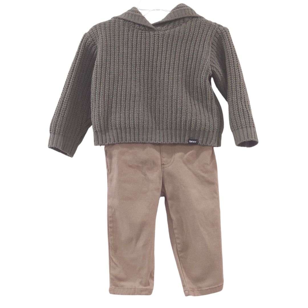 DKNY - Green Hooded Knit Sweater and Khaki Pants Set, 12 m