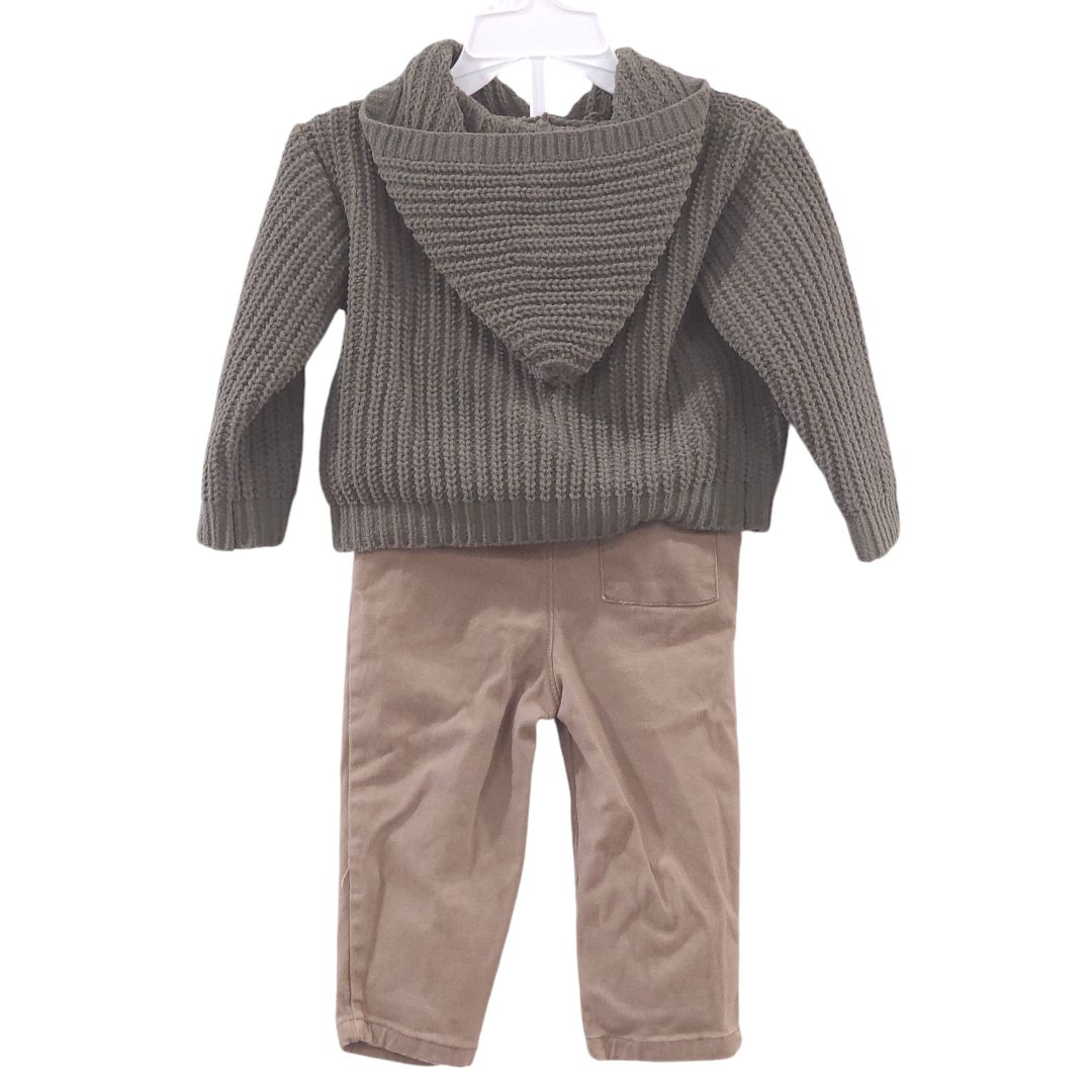 DKNY - Green Hooded Knit Sweater and Khaki Pants Set, 12 m