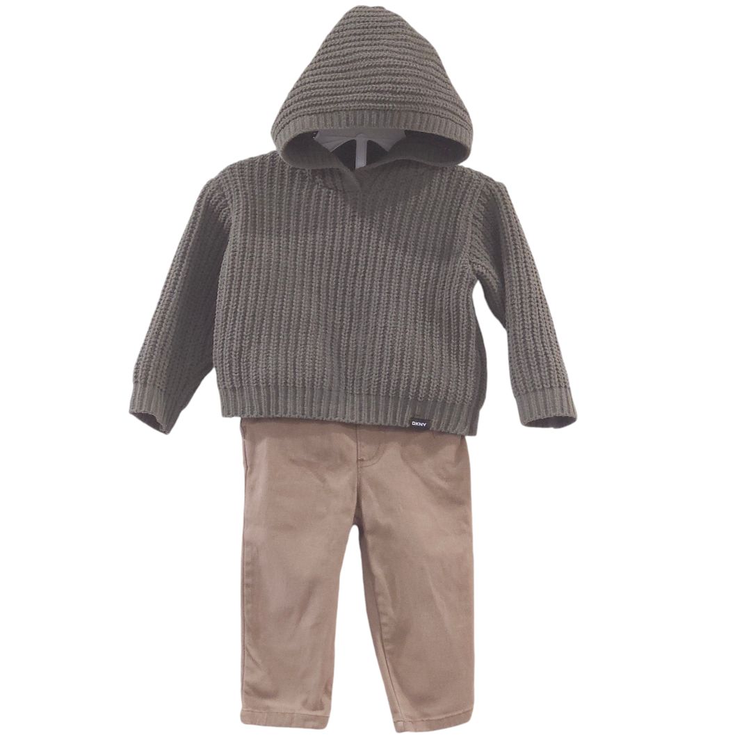 DKNY - Green Hooded Knit Sweater and Khaki Pants Set, 12 m