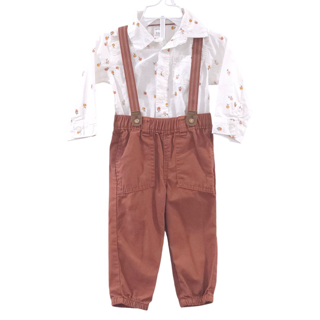 Carter's - Conjunto de 3 piezas de camisa y pantalón con botones y tirantes en color marrón con diseño de manzana, 12 m