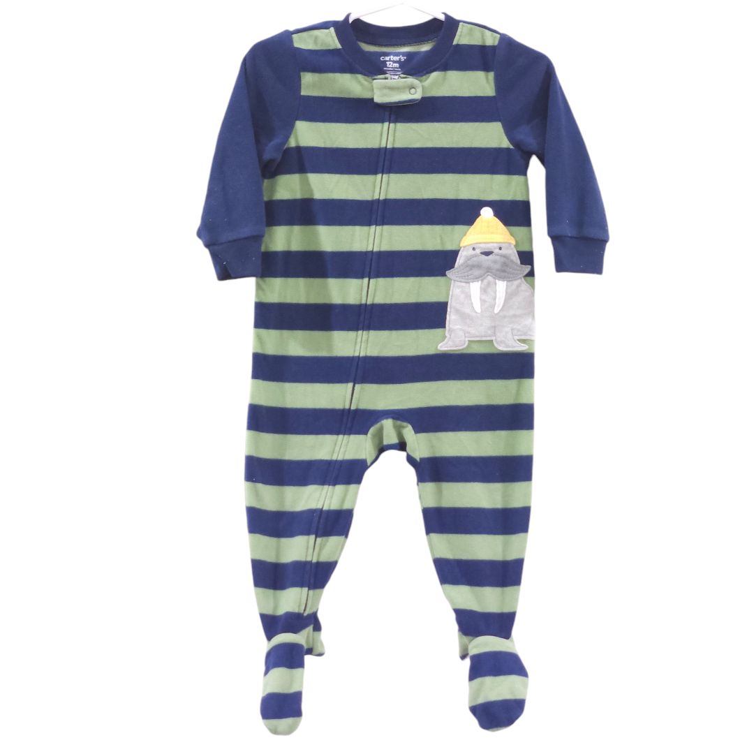 Carter's - Pijama con pies de polar de morsa con rayas verdes, 12 m