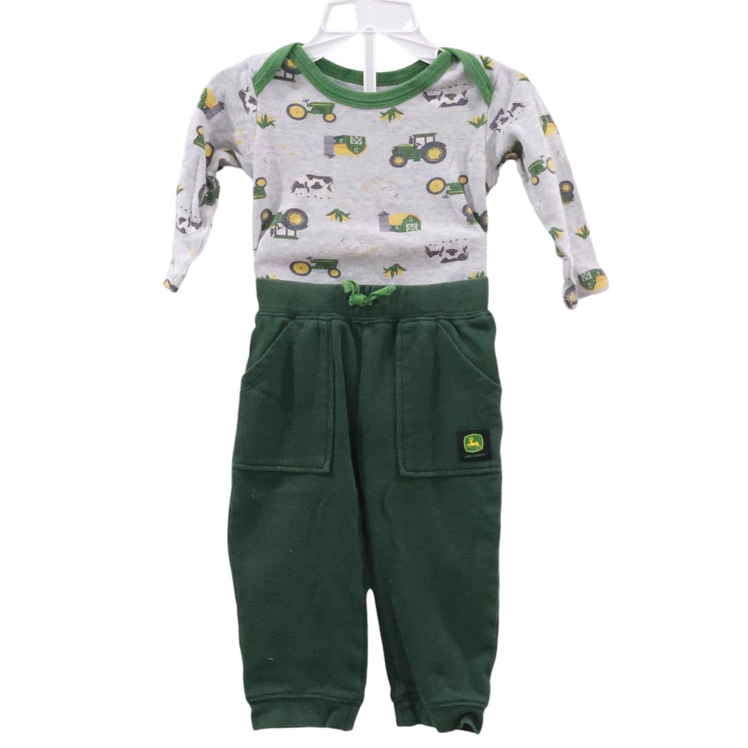 John Deere - Conjunto de 3 piezas de mono, chaleco y pantalón de manga larga de granja verde, 9-12 meses