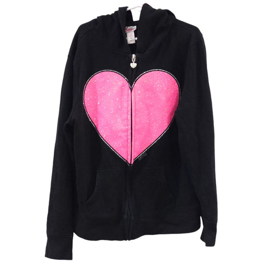 Justice - Black Pink Glitter Heart Hooded Zip-up Jacket, 10