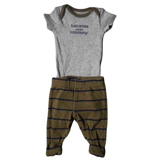 Baby Carter's - Gray onesie and green with blue stripes pant - Bananas over Mommy 2pcs set - Boy NB