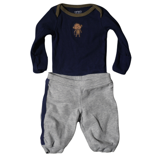 Baby Carter's - Blue onesie and gray pants - Monkey 2 pcs long Sleeves Set - Boy NB